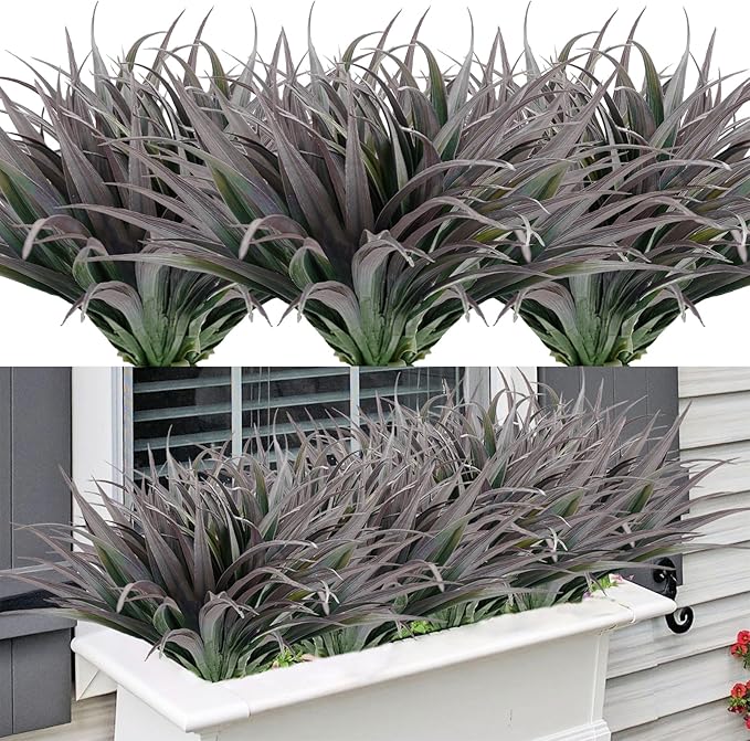 Artificial Fake Grass, 12 PCS Outdoor Faux Grasses Plastic Plants Greenery UV Resistant for Outside Home Window Box Garden Office Patio Hanging Planter Front Porch Décor (Dark Green +Red)