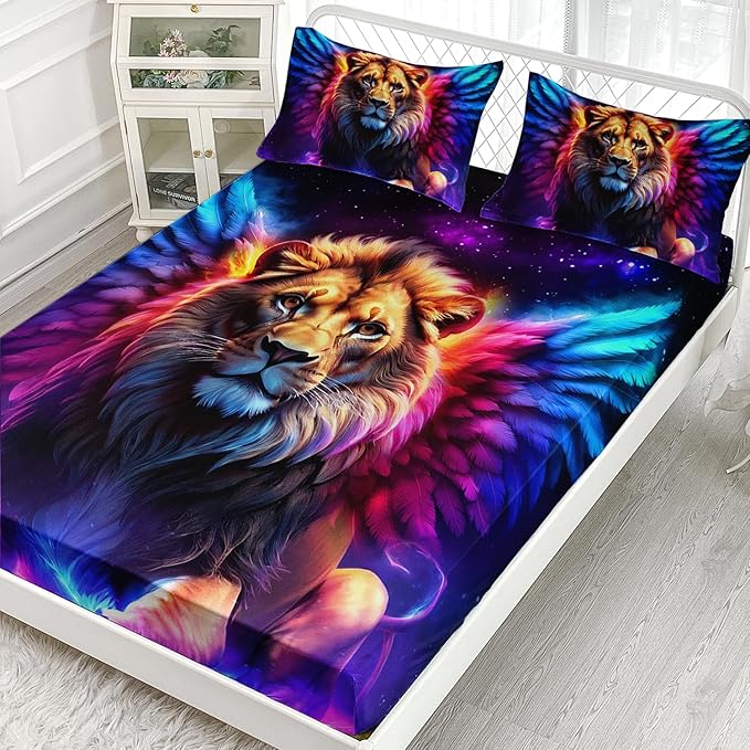 AILONEN Lion Fitted Sheet Set Twin XL Size, 3 Pieces Printed Evening Starry Wings Lion Bed Sheet Set,Colorful Tie Dye Rainbow Fitted Sheet with 2 Pillowcases