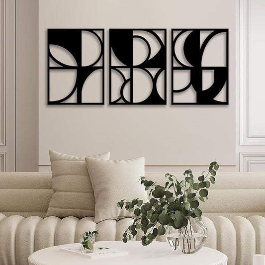 CHATYOUNG Metal Abstract Black Wall Art, 3 Piece Modern Minimalist Wall Sculptures Geometric Black and White Artwork for Living Room Bedroom Kitchen Home Office Decor 36L x 16W