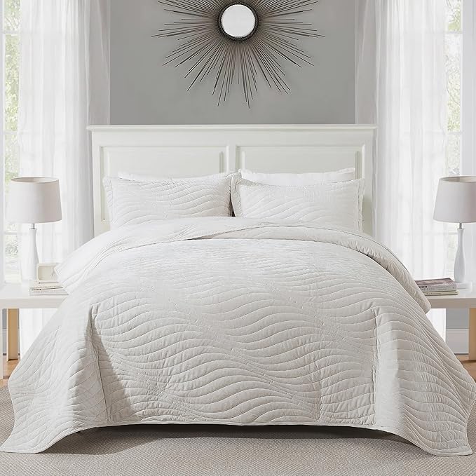 HoneiLife Quilt Set Queen Size - Velvet Quilt Sets 3-Pieces, Stripe Bedspread for Queen Beds, Queen Quilt Bedding Sets All Season Quilts- Nature White