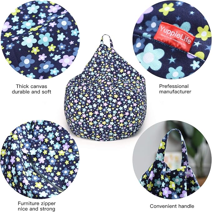 YuppieLife Kids Storage Bean Bag Cover(No Filling)Toy Organizer|Carrying Handle Sofa|Available for Kids and Teenager|Cuddle Chair|Machine Washable and Durable(27“,Blue Flowers)