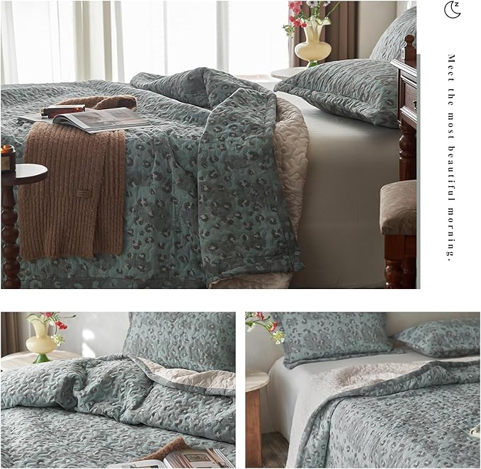 mixinni Leopard Print Quilt Set Queen Size Soft Cotton Double-Laye Retro Blue Animal Pattern Quilt Bedding Set Farmhouse Bedspread Coverlet Sets, 3-Pieces Including Pillow Shams (90x90 Inches)
