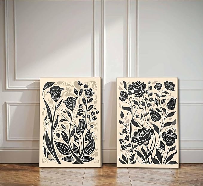 2 Pcs Boho Abstract Floral Canvas Wall Art Modern Minimalist Neutral Beige and Black Floral Botanical Wall Decor Poster Print Artwork for Living Room Bedroom Office Home Decoration