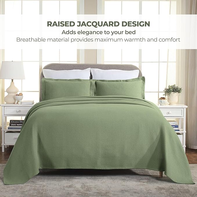 Superior Solitaire Cotton 3 Piece Bedspread Set, Home Bed Decor, Decorative Textured Bed Spread, 2 Pillow Shams, Airy Blanket, Matelasse Coverlet Bedding, All-Season Accent Blanket, Full, Sage
