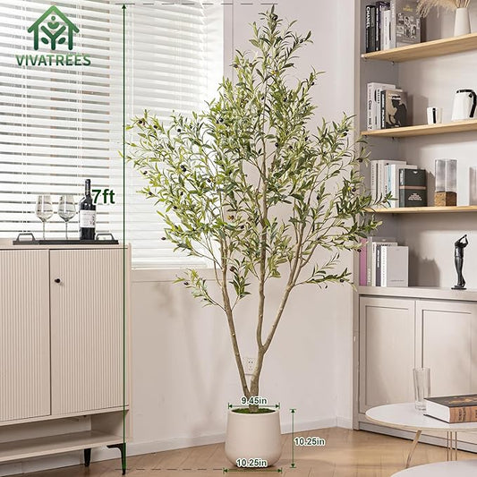Olive Trees Artificial Indoor, 7FT Tall Faux Olive Tree with White Tall Planter, Artificial Plants with Natural Wood Trunk and Lifelike Fruits for Home Office Decor