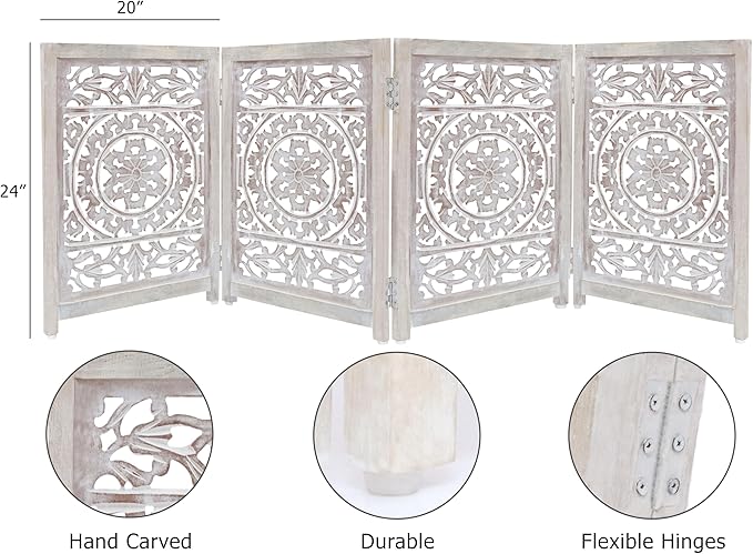 Wooden Foldable Pet Dog Safety Gate - 4 Panel 20" W x 24" H - Hand Carved Suzani Free Standing Portable Indoor Puppy Gate - Doorway Hall Stairs Dog Fence - Assembled - White Wash - IRONGATE