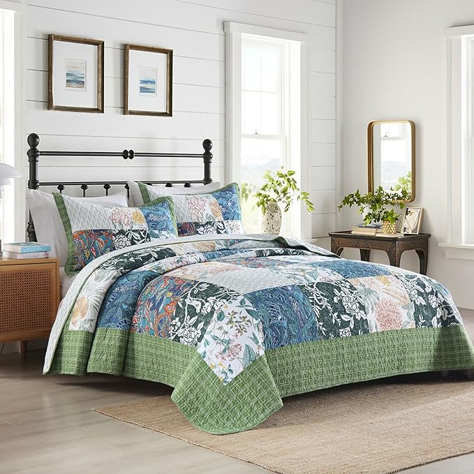 mixinni Sage Green Floral Quilt Set King Size, 100% Cotton Reversible Lightweight Bedspread, 3 Pieces Garden Style Patchwork Coverlet Set with 2 Matching Pillow Shams for All Seasons (106"x98")