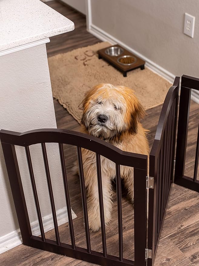 INTERNET'S BEST Arched Top Dog Gate | 4 Panel, 24" H Wooden Pet Barrier for Dogs or Cats | Freestanding Folding Room Divider for Doorways, Hallways, Stairs, and Porch | Portable, Extra Wide | Espresso