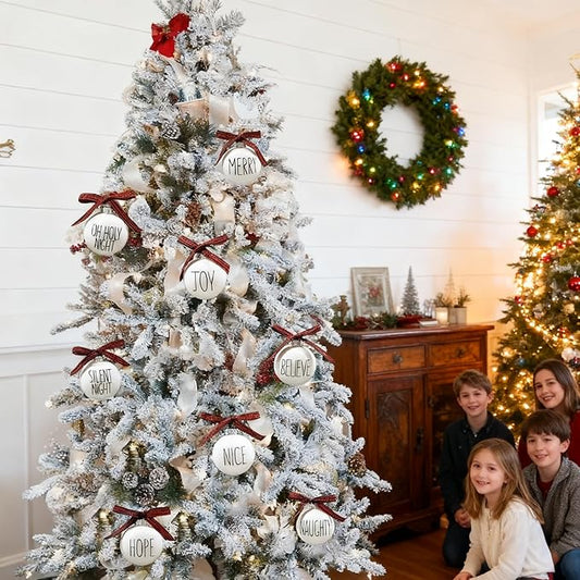 Christmas Decoration, White Christmas Ornament with Buffalo Plaid Bows, Christmas Tree Decor, Set,12PCS