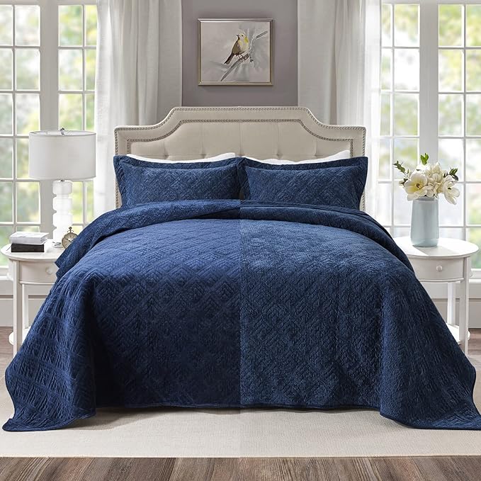 HoneiLife King Quilt Bedding Set - 3 Pieces Corduroy Quilt Sets Double Faced Velvet Bedspreads Super Soft Coverlets Reversible Bed Cover Autumn & Winter Bedding Set All Season Quilts-Navy Blue