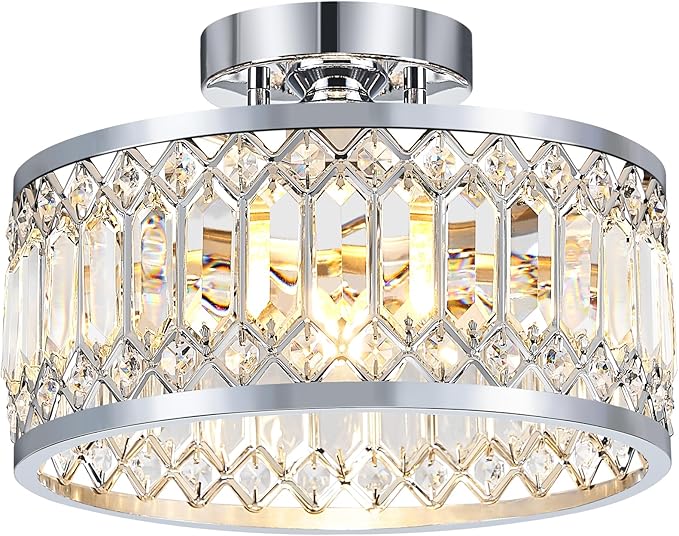Crystal Ceiling Light Fixture, Modern Semi Flush Mount Ceiling Light, Chrome Lighting Fixtures Ceiling Lamp for Hallway, Kitchen, Entryway, Bedroom, Laundry Room, 1-Light, 11.4 Inch