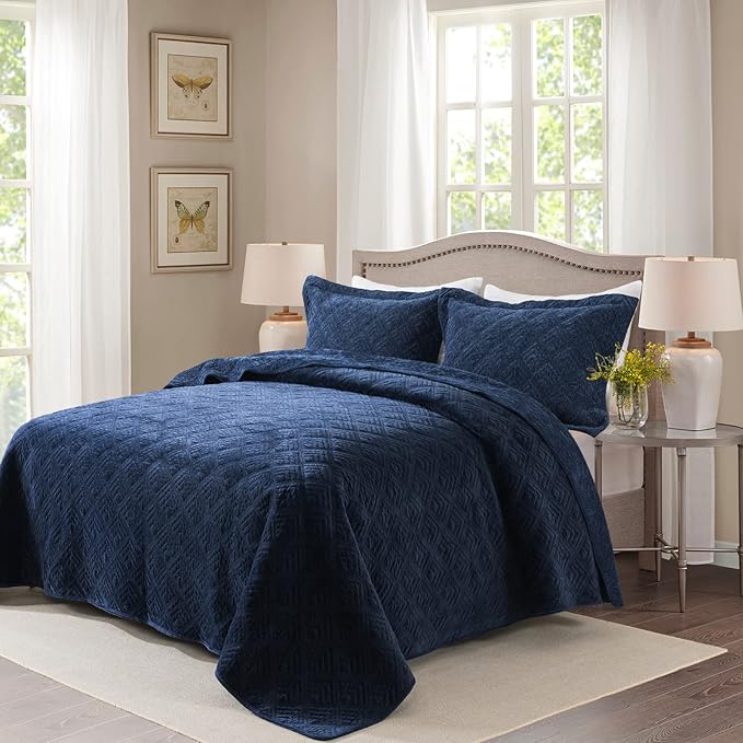HoneiLife King Quilt Bedding Set - 3 Pieces Corduroy Quilt Sets Double Faced Velvet Bedspreads Super Soft Coverlets Reversible Bed Cover Autumn & Winter Bedding Set All Season Quilts-Navy Blue