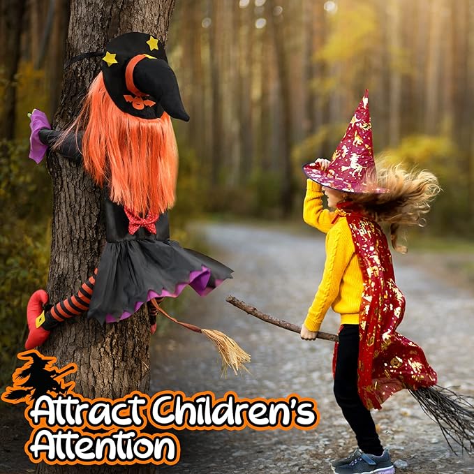 Large Crashing Witch Decor(55'' H), Halloween Decorations Clearance Outdoor Witch Props Ornaments, Hanging into Tree/Porch Pole/Door/Yard, with Adjustable Band, Outside Garden Funny Witches Crashed