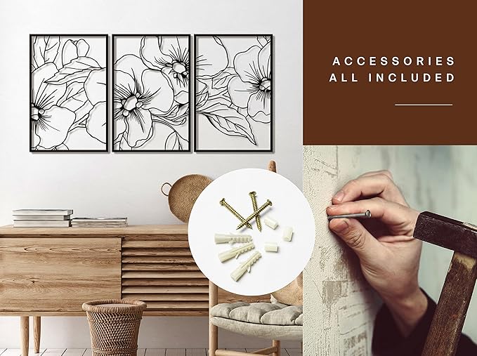 Vivegate Black Minimalist Floral Single Line Metal Wall Art Decor - 18"X12" 3 Packs Black Floral Abstract Minimalist Lines Wall signs for Hanging home wall decor