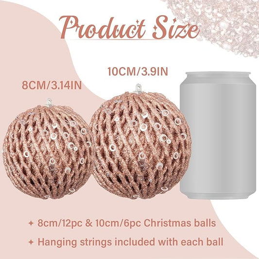 3.15" Christmas Ball Ornaments Glitter Shatterproof Christmas Tree Ornaments Sequin Xmas Hanging Balls Decorations for Wedding Party Holiday(Rose Gold, 12pc-8cm)