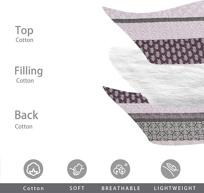 Homzard King Size Comforter Set, Cotton Quilt, Purple and Grey Bedding Set, Lightweight Striped Bedspread, Reversible Coverlet King Size (106"X98") with 2 Pillow Shams All Season