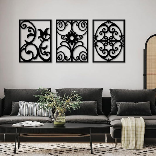CHATYOUNG Metal Boho Wall Art - 3 Piece Modern Minimalist Wall Sculptures Geometric Black and White Artwork for Living Room Bedroom Kitchen Home Office Decor 36x16 IN