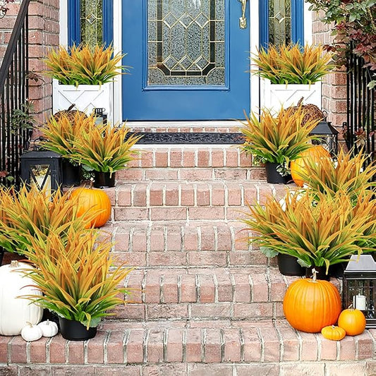 Artificial Fake Grass, 24 PCS Outdoor Faux Grasses Plastic Plants Greenery UV Resistant for Outside Home Windowbox Garden Office Patio Hanging Planter Front Porch Fall Décor (Yellow)