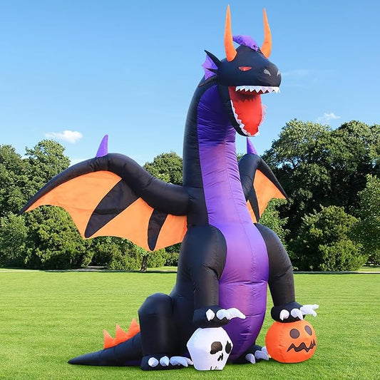 DomKom Halloween Inflatable Blow Up Decorations, 7FT Dragon Steps on Pumpkin and Skull, Built-in LEDs for Holiday Party, Garden, Lawn, Yard, Patio Décor