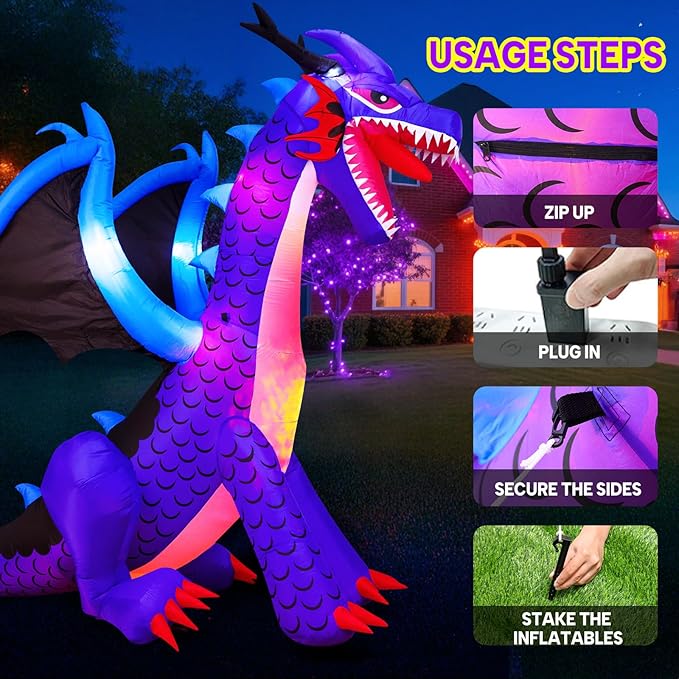 8FT Halloween Inflatables Dragon Decorations with Built-in LED Lights, Blow Up Yard Decor for Halloween Outdoor Lawn Garden Holiday Party