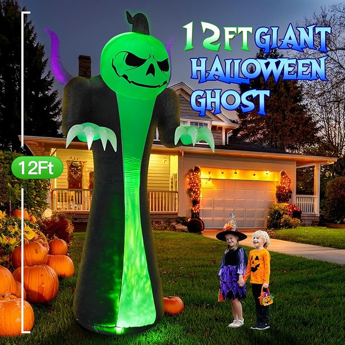 12FT Halloween Inflatables Decoration Outdoor Giant Pumpkin Reaper Ghost with 3-Colored Rotation Flame LEDs Spooky Halloween Blow Up Yard Decorations Outdoor Holiday Party Yard Lawn Decor