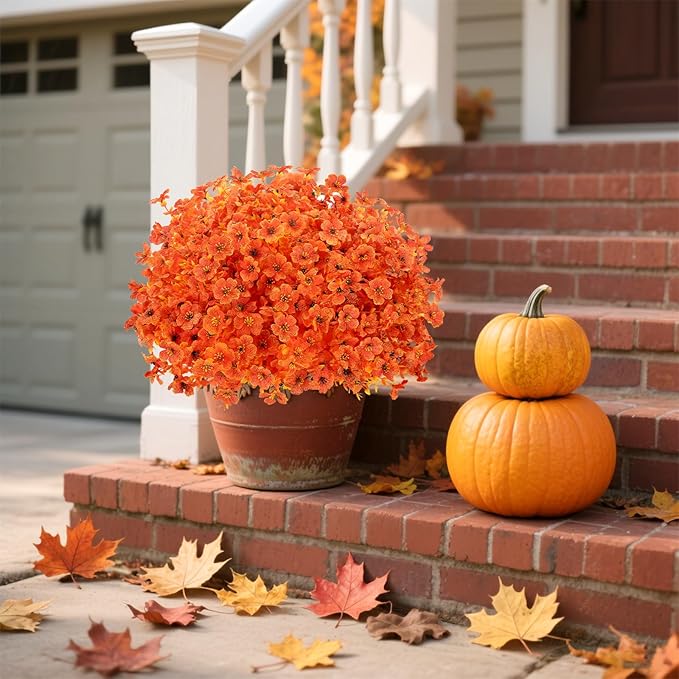 Fall Flowers Artificial for Decoration, Artificial Fall Mums Flowers for Outdoors, Fake Flowers Daisy Eucalyptus Realistic UV Resistant for Garden Patio Porch Home Decor (12, Orange-Yellow Leaves)