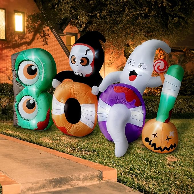 Haunted Hill Farm 8-ft. Wide Reaper and Ghost Boo Sign Blow Up with Lights, Outdoor Halloween Inflatable Decoration for Lawn and Yard, Giant Spooky Holiday Decor