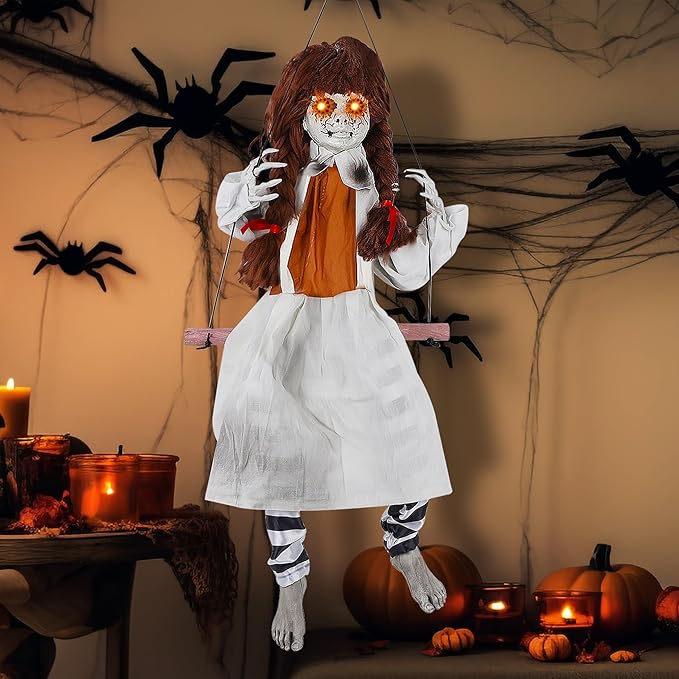 Prsildan Halloween Decorations Outdoor Hanging Swing Girl, Scary Animatronic Decor Life-Size Halloween Props with Creepy Sounds Motion for Outside Indoor Yard Trees