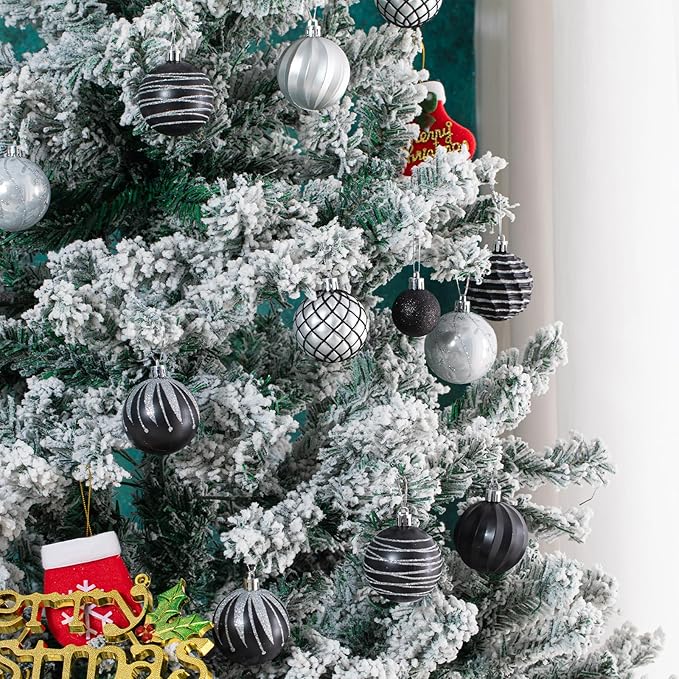 100Pcs Christmas Ball Ornaments Set, Assorted Shatterproof Christmas Ornament, Christmas Tree Theme Hanging Decoration for Xmas Tree Holiday/Party/Home Decor (Black & White & Silver)