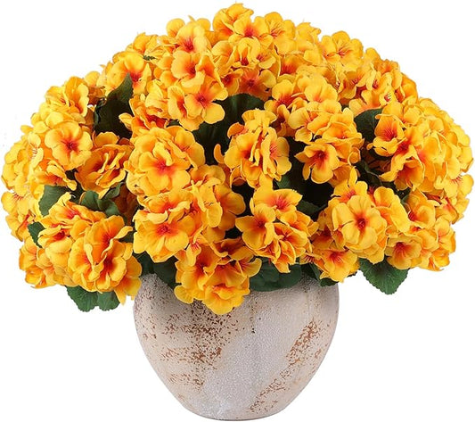 Hananona 12 Pcs Artificial Geranium Flowers for Outdoors Geranium Silk Yellow Flowers Outdoor UV Resistant Garden Plants Faux Fall Flower for Home Kitchen Table Centerpieces Decor (12, Yellow)