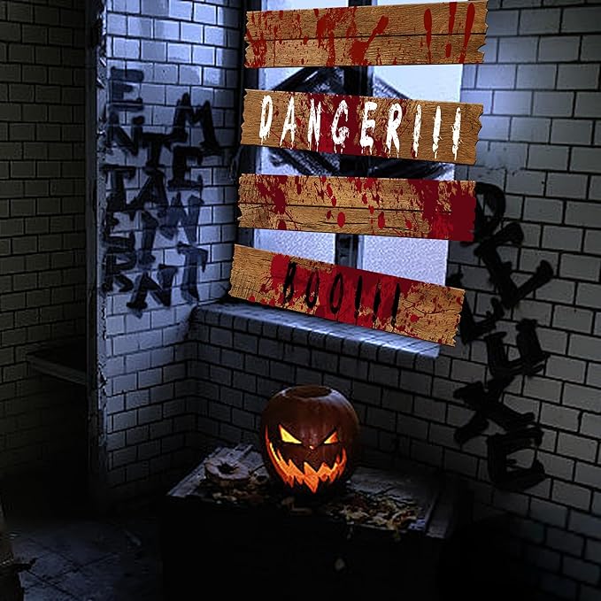 10 pcs Halloween Haunted Window Boards, 27''x 4.7'' Scary Window Warning Signs, Waterproof Bloody Beware Door Board Signs for Outdoor Halloween House Decoration Horror Themed Party