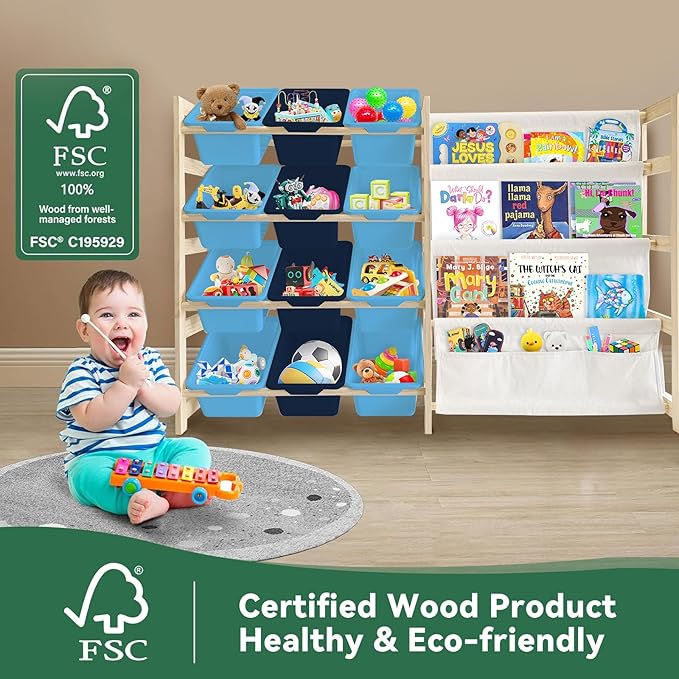Toy Storage Organizer with Bookshelf - 12 Storage Bins 4-Tier Multipurpose Shelf to Organize Toys and Books for Kids Room, Playroom, Nursery Room, Blue