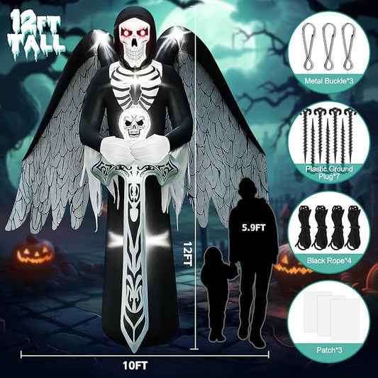 12FT Halloween Inflatables with LED Light, Kalolary Giant Winged Grim Reaper Inflatable Scary Halloween Outdoor Blow Up Decoration Halloween Yard Inflatable for Garden Lawn Home Holiday Party Supplies