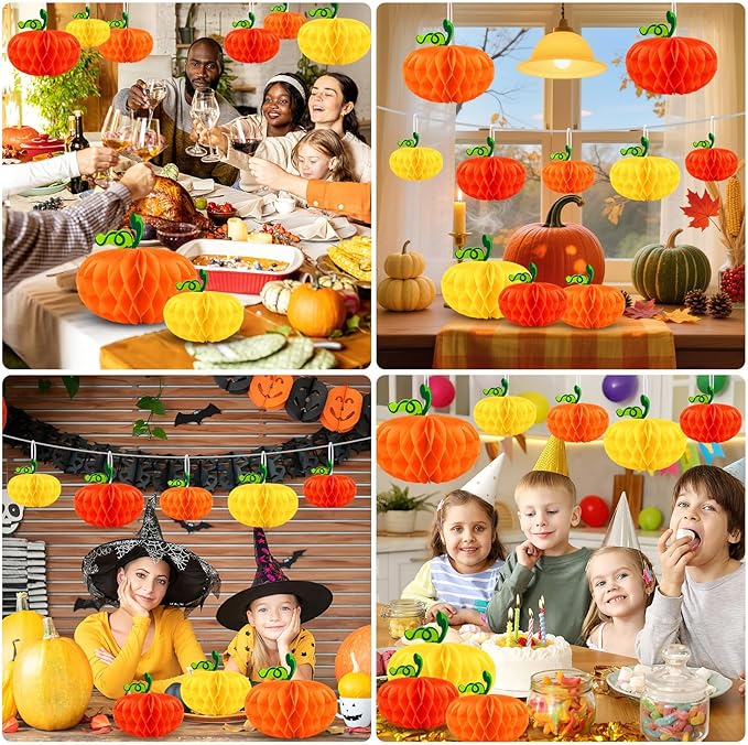 15PCS Pumpkin Honeycomb Decorations, Orange Red Yellow Honeycomb Fall Hanging Ornaments for Autumn Thanksgiving Party Favor Supplies