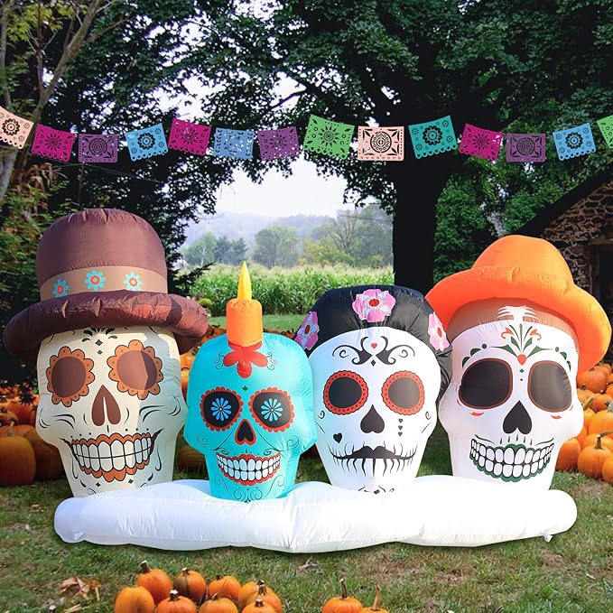 DomKom Halloween Inflatable Blow Up Decorations, Dia de Los Muertos 8FT Day of Dead Catrina Skulls, Built-in LEDs for Holiday Party, Garden, Lawn, Yard, Patio Décor
