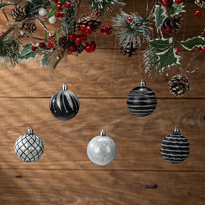 100Pcs Christmas Ball Ornaments Set, Assorted Shatterproof Christmas Ornament, Christmas Tree Theme Hanging Decoration for Xmas Tree Holiday/Party/Home Decor (Black & White & Silver)