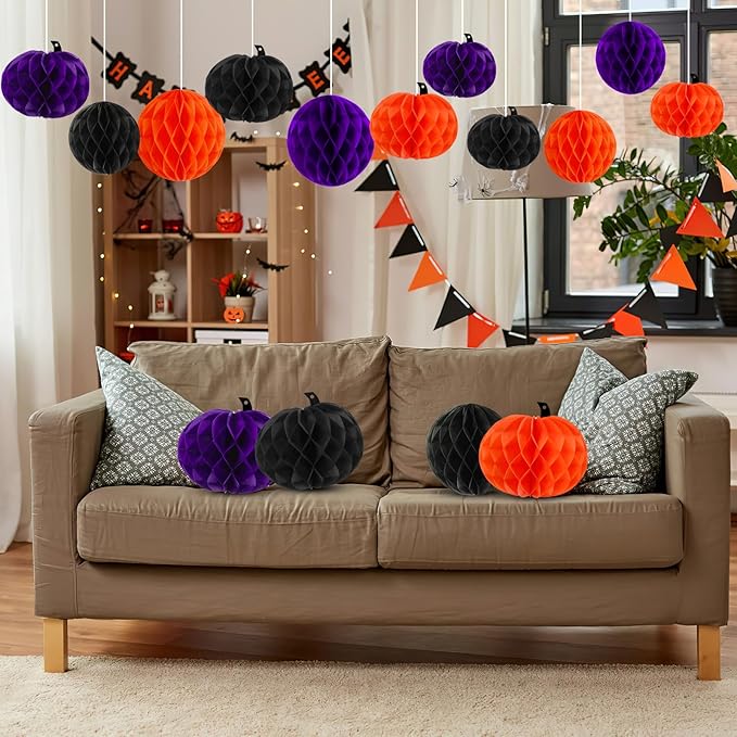 15Pcs Halloween Honeycomb Decorations, Orange Purple Black Pumpkin Paper Honeycomb Balls Halloween Hanging Ornaments for Party Favor Supplies