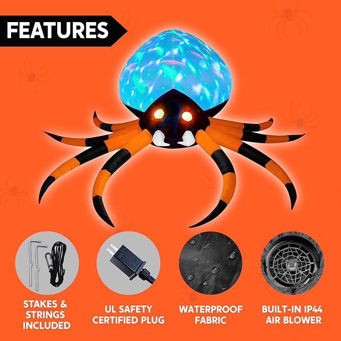 JOYIN 8 FT Halloween Inflatable Giant Spider Outdoor Decorations, Blow Up Spider Yard Decorations with Rotating Colorful Light and Glowing Eyes for Halloween Party Lawn Garden Outside Decor