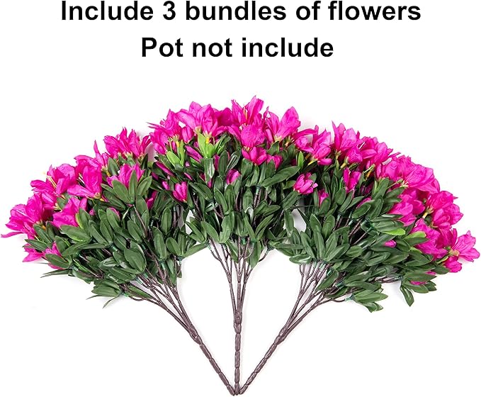 Artificial Flowers for Outdoors, 3 Bundles Fake Silk Azalea Bouquet Faux Flower Plants Outside Decoration UV Resistant Realistic Fake Flowers for Planter Front Door Patio Garden Walkways Home, Fuchsia
