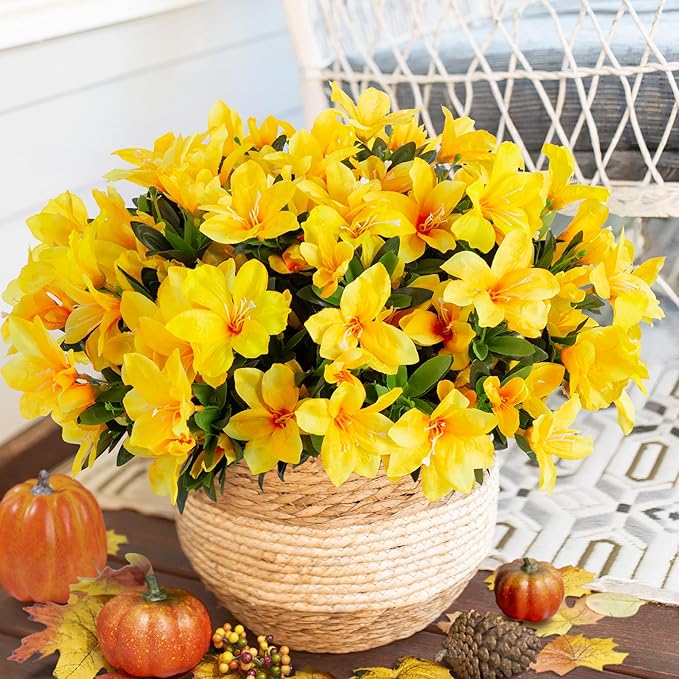 Artificial Flowers for Outdoors, 3 Bundles Fake Silk Azalea Bouquet Faux Flower Plants Outside Decoration UV Resistant Realistic Fake Flowers for Planter Front Door Patio Garden Walkways Home, Yellow