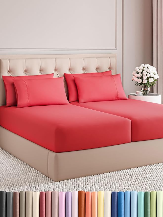CGK Linens Split King 7 Piece Sheet Set - Cooling Sheets for Hot Sleepers - Hotel Luxury Bedding Set with 8-16 Inch Deep Pockets - 1 Flat & 2 Fitted & 4 Pillowcases - Soft & Wrinkle Free - Split King