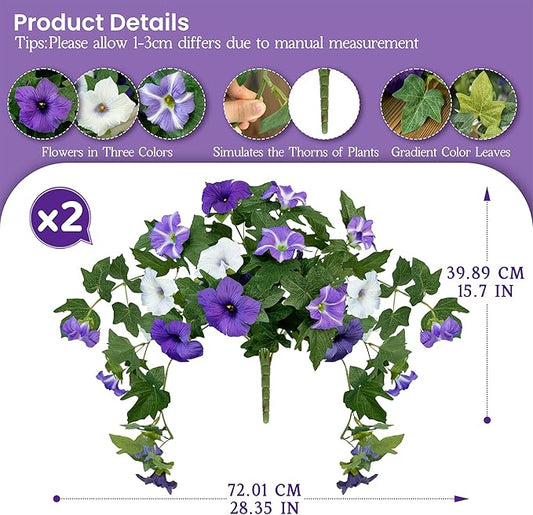Artificial Flowers for Outdoors, 2PCS Realistic Fake Silk Petunias UV Resistant No Fade Spring Floral, Faux Flowers for Outdoor Garden Windowsill Patio Porch Home Decor, Purple White
