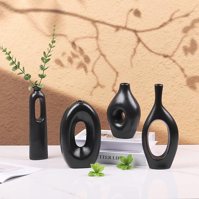 Black Ceramic Vase for Home Decor Set of 4 - Oval Hollow Vase Nordic Black Round Vase for Pampas Grass, Modern Decorative Flowers Vase for Living Room, Office, Mantel, Entryway, Table Centerpieces