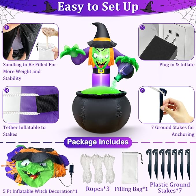 TURNMEON 5 Ft Halloween Inflatable Witch with Cauldron and Green LED String Light, Halloween Decorations Outdoor Blow Up Witch Pot with Build-in LEDs Halloween Yard Decor for Indoor Party Garden Lawn