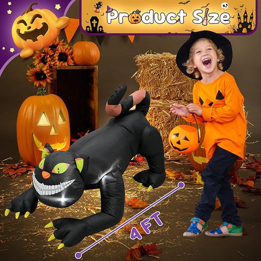 4FT Black Cat Halloween Inflatable Decoration Halloween Scary Blow Up Decor with LED Lights Indoor Outdoor Yard Graden Party Holiday Decoration