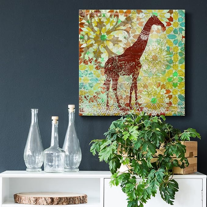 Cute Animals Artwork Abstract Colorful Painting Wall Art on Canvas, Bali Giraffe Wall Art, Ready to Hang, 10'' x 10''