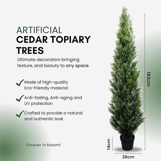 6 Feet Pre-Potted Evergreen Outdoor Artificial Cedar Tree for Front Porch Decor, Outdoor Entryway Decor Fake Tree, Tall Faux Tree with UV Resistant Coating (2 Pack)