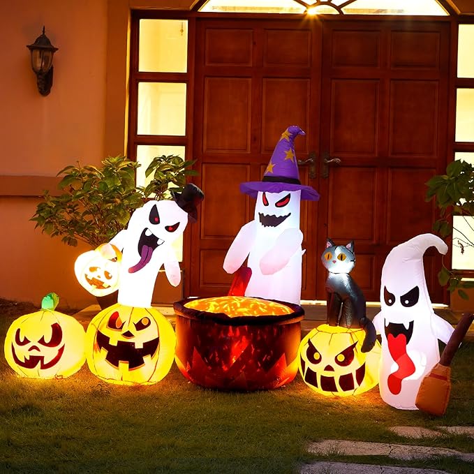 8Ft Long Halloween Inflatables Decoration Ghost and Pumpkin Family with Build-in RGB LED Lights, Halloween Blow Up Yard Decorations for Party Garden Lawn Indoor Outdoor Decor