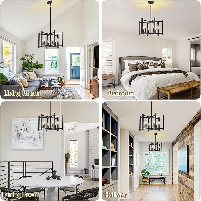 19.7'' Black Chandeliers 6-Light Modern Geometric Dining Room Chandelier Farmhouse Industrial Metal Pendant Light Fixture for Kitchen Living Room Entryway Foyer Hallway Bedroom
