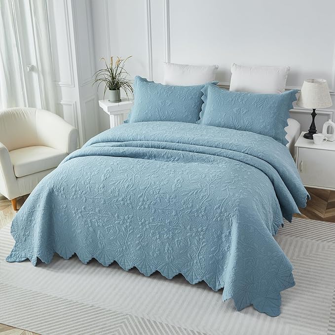 Brandream Queen Size Quilt Set Cotton Bedspread Matelasse Coverlet Set Lightweight Quilt Set Scalloped Edge 3-Piece
